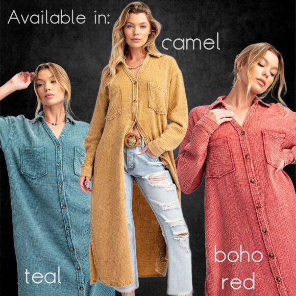 EASEL “Irresistible” Lux Mineral Washed Buttoned Relaxed Fit Shirt Dress Pockets - Picture 16 of 16